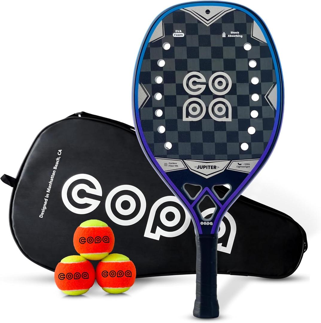 Beach Tennis Racket 18k Carbon Fiber with Padded Bag Copa Jupiter EVA Memory Foam Core, Sand Grit Finish Beach Tennis Paddle ITF Regulation Balls Included., One Size