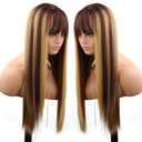 Blonde Highlight Wigs for Black Women, Blonde Mix Brown Wig with Bangs Silky Soft Fiber Synthetic Wig for Party Everyday Cosplay Use 24 Inch