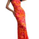 GORGLITTER Women's Asymmetrical Sunset Dress One Shoulder Summer Wedding Guest Going Out Floral Long Sundress Orange M