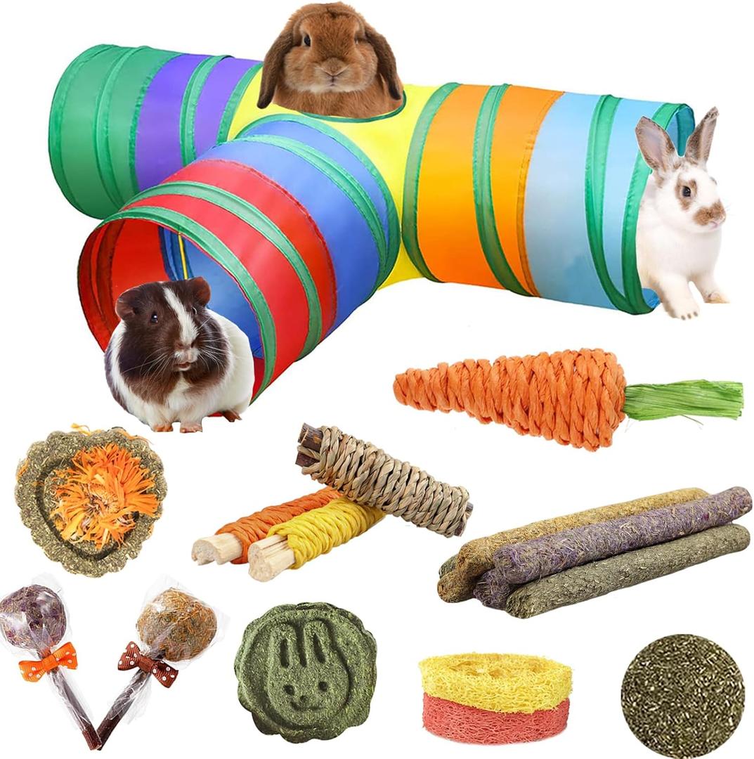 HERCOCCI Bunny Tunnels and Tubes, Collapsible Rabbit Hideout Tunnel Small Animal Activity Toys for Rabbits Bunnies Guinea Pigs Ferrets Kitty Puppy (3 Way Rainbow)