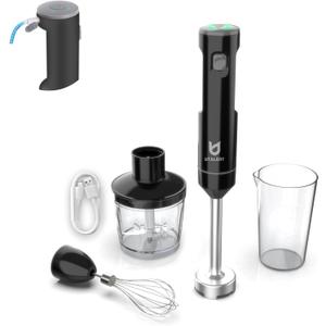 Cordless Hand Blender, UTALENT Variable Speed Immersion Blender Rechargeable, with 500ml Chopper, 600ml container, Egg Whisk, for Smoothies, Baby Food and Soups  Black