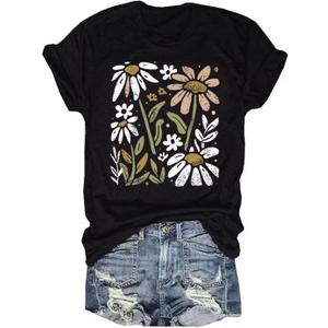 Vintage Floral T Shirt Women Boho Flowers Graphic Tees Shirts Cute Wildflowers Shirt Summer Casual Short Sleeve Tops (Black, M)