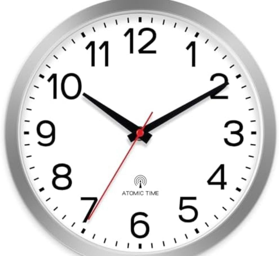 AKCISOT Atomic 12 Inch Wall Clock Analog Clocks for Indoor Kitchen, Battery Operated Clock for Bedroom Office Classroom Living Room(Silver)