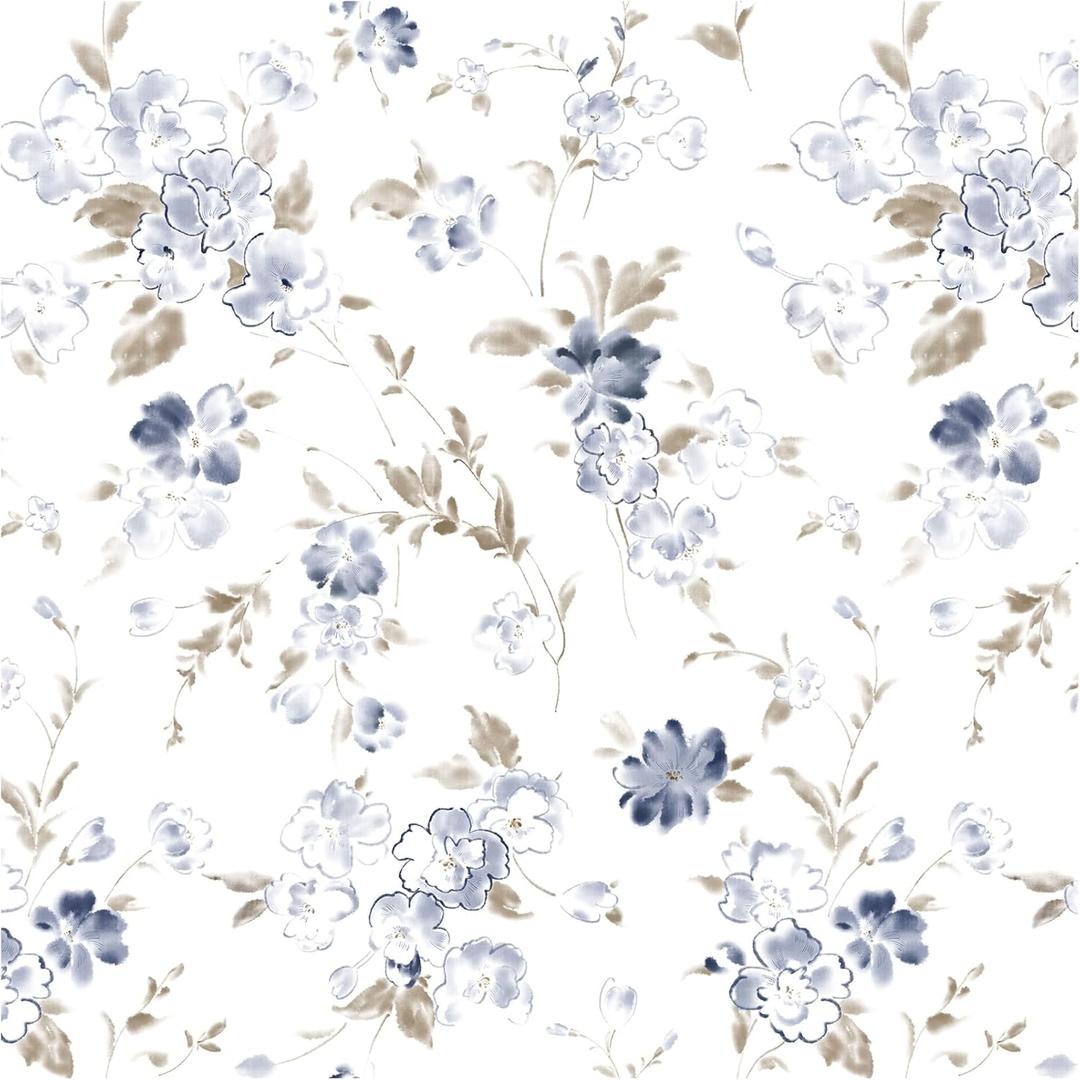 Blue Floral Wallpaper Peel and Stick Wallpaper 17.3"197" Boho Flower Removable Self Adhesive Wall Paper for Bedroom Floral Contact Paper for Cabinets Furniture Watercolor Decor Waterproof Vinyl Film
