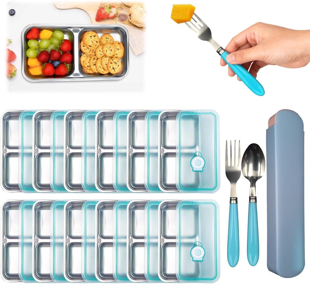 12 Pack Stainless Steel Snack Containers with Silicone Lids, Grab and Go Stainless Steel Double Compartment Lunch Box Reusable Home, Travel With 100PCS Mini Bamboo Forks