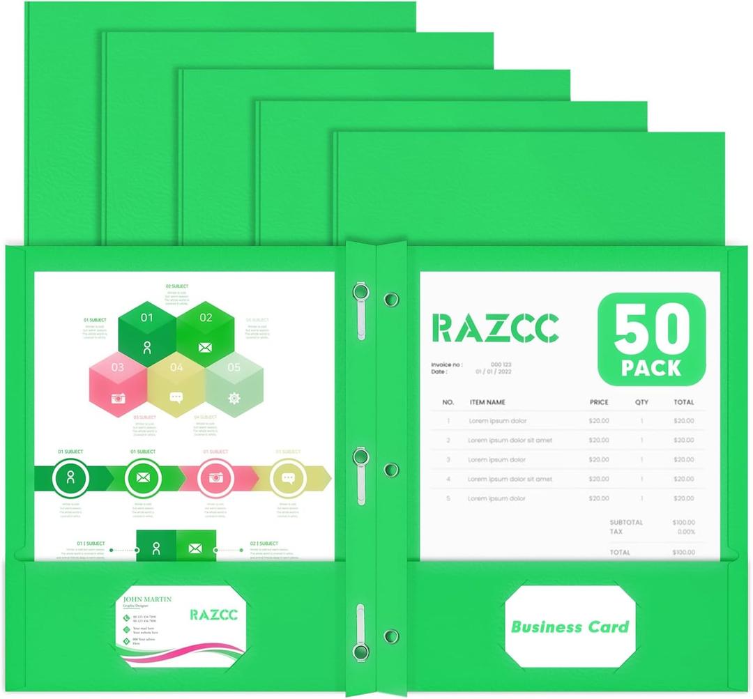 Two Pocket Folders, RAZCC 50 Pack Two Pocket Folders with Prongs, 3 Prong Folders Fit Letter Size Paper, Pocket File Folders for School Office Home Business, Green