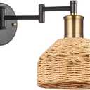 1-Light Wall Sconce, Black Swing Arm Hardwire Wall Lamp with Natural Paper String Shade, Bronze Head, Vintage Adjustable Wall Mounted Sconce, Boho Wall Light for Bedroom,Living Room