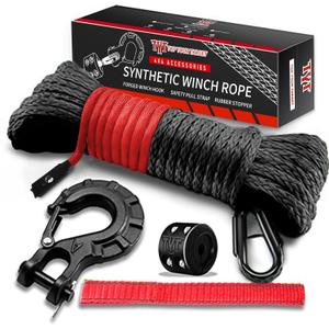 TYT Off-Road Winch Rope Kit - 1/4''x50', 10000 Lbs Black Synthetic Cable with Protective Sheath, Heavy-Duty Hook, Safety Pull Strap & Rubber Stopper Ideal for 4WD ATV UTV Vehicles, Grey, (JPS1450IG)