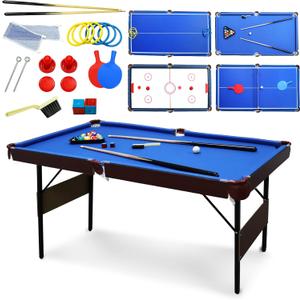 54" Folding Pool Table, 4 in 1 Multi Game Table, Folding Portable Billiards Game Table Set with Ping Pong, Hockey, Pool, and Ringtoss, for Indoor, Game Room, Office
