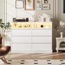 IDEALHOUSE 6 Drawer Dresser for Bedroom with LED Lights & Charging Station, Modern White Dresser with LED for Bedroom, Wide Chest of 6 Drawers with Open Storage Shelf for Living Room, Hallway, Closet