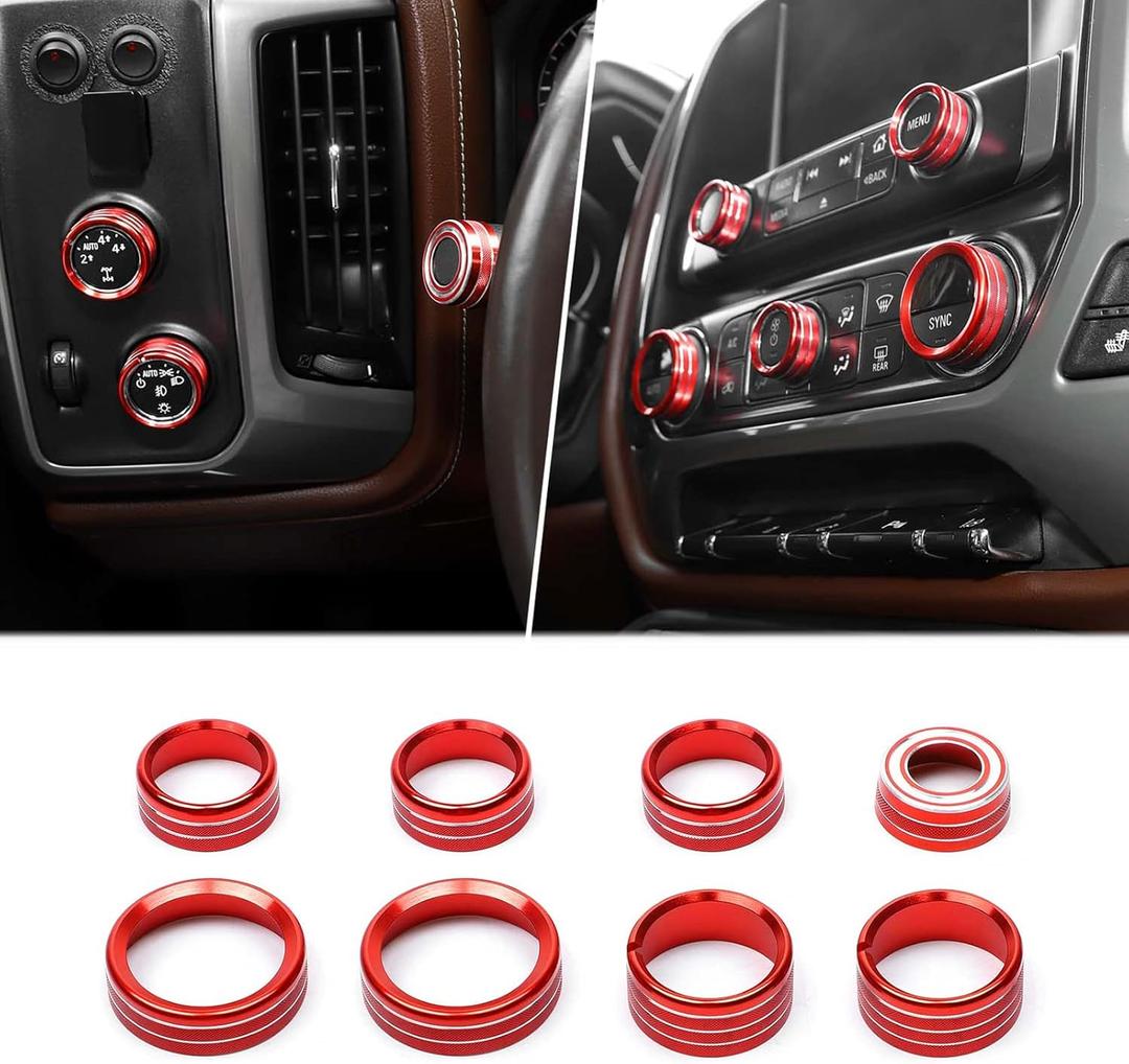 for Silverado Center Console Knob Cover Trim Ring Red for Chevy Silverado/Suburban/GMC Sierra 2014-2018 Red Interior Accessories 8pcs