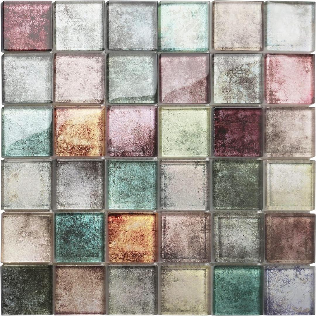 Antique 2'' x 2'' Glass Squared Tile Glazed Red Grey Grid Mosaic Wall Backsplash Tile PT31 (Box of 5 Sheets) (Multicolor)