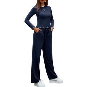 Gargenwed Women's Two-Piece Lounge Set, Long Sleeve Top and Wide Leg Pants with Pocket Casual Comfort Outfit (Medium, Dark Blue)