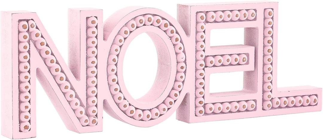 Noel Christmas Decor, Pink Christmas Decorations, Beaded Wooden Noel Letter, Farmhouse Christmas Decor for Table Mantel Shelf Home Tabletop, Rustic Holiday Winter Decor