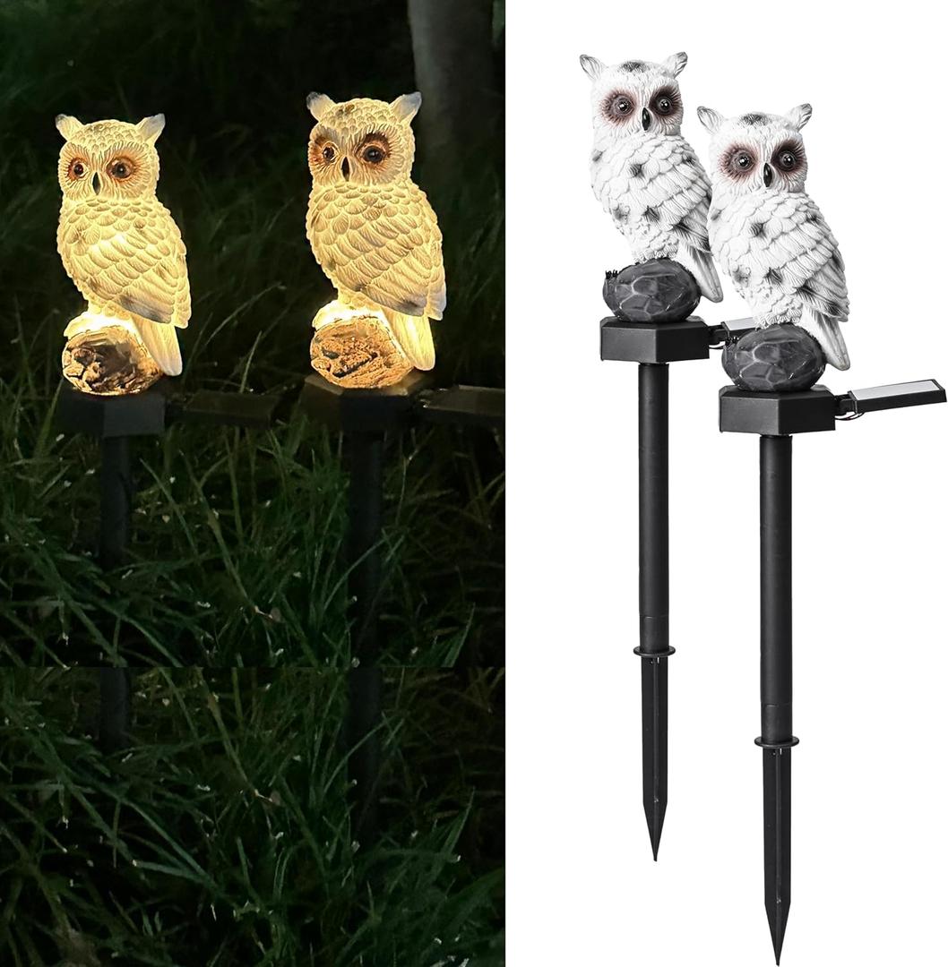 Garden Owl Solar Light, 2 Pack Resin Owl Statue, Waterproof Owl Figurines on Stake for Outdoor Garden Pathway to Scare Birds Away, Gifts for Owl Lovers