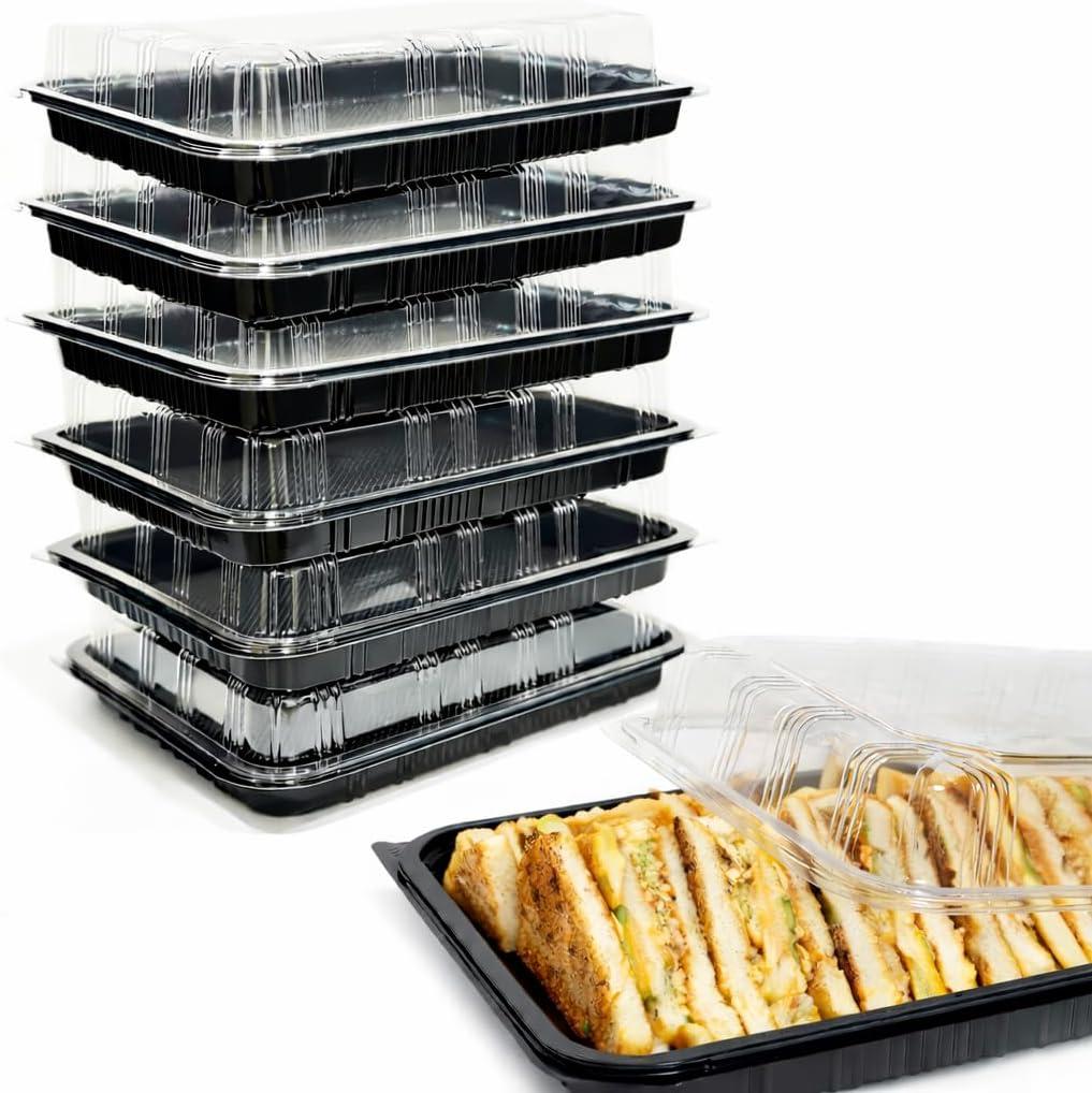TRAYA Pack of 6 Serving Tray with lid - Reusable Catering Trays with Lids 13inch Long for Meal Prep, Cakes, Treats and Sandwiches (13 * 2.7 * 9.4inch)