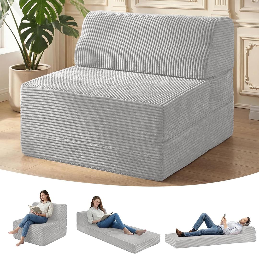 Kasunpul Folding Sofa Bed with Pillow, Memory Foam Fold Out Chair Bed, Convertible Sleeper Chair with Washable Cover, Futon Floor Couch for Living Room/Dorm/Guest Use/Home Office/Apartment, Grey