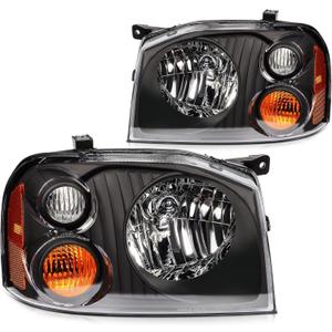Headlight Assembly Fit with 2001-2004 Nissan Frontier XE Black Chrome Housing Clear Lens Amber NI2502131 NI2503131