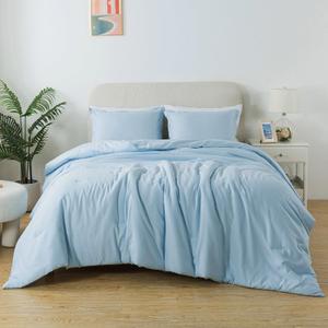 Solid Lightweight Skin-Friendly Boho Bedding Queen Comforter,  Breathable Fluffy Microfiber, Light Blue