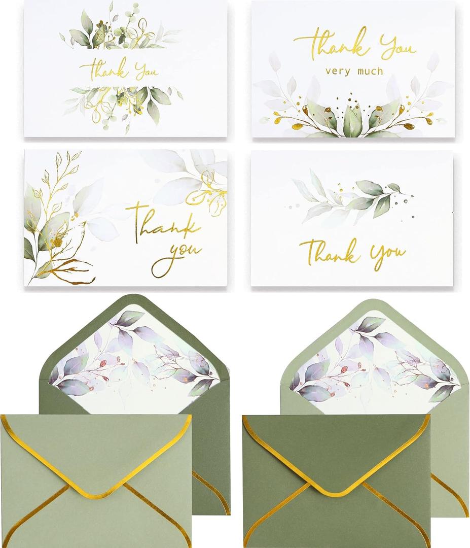 Winoo Design 100 PK Luxurious Gold Thank You Cards with Envelopes Bulk Sage Green - 5x3.5 Inches Wedding Thank You Notes Baby Shower Greenery Bridal Shower Small Business