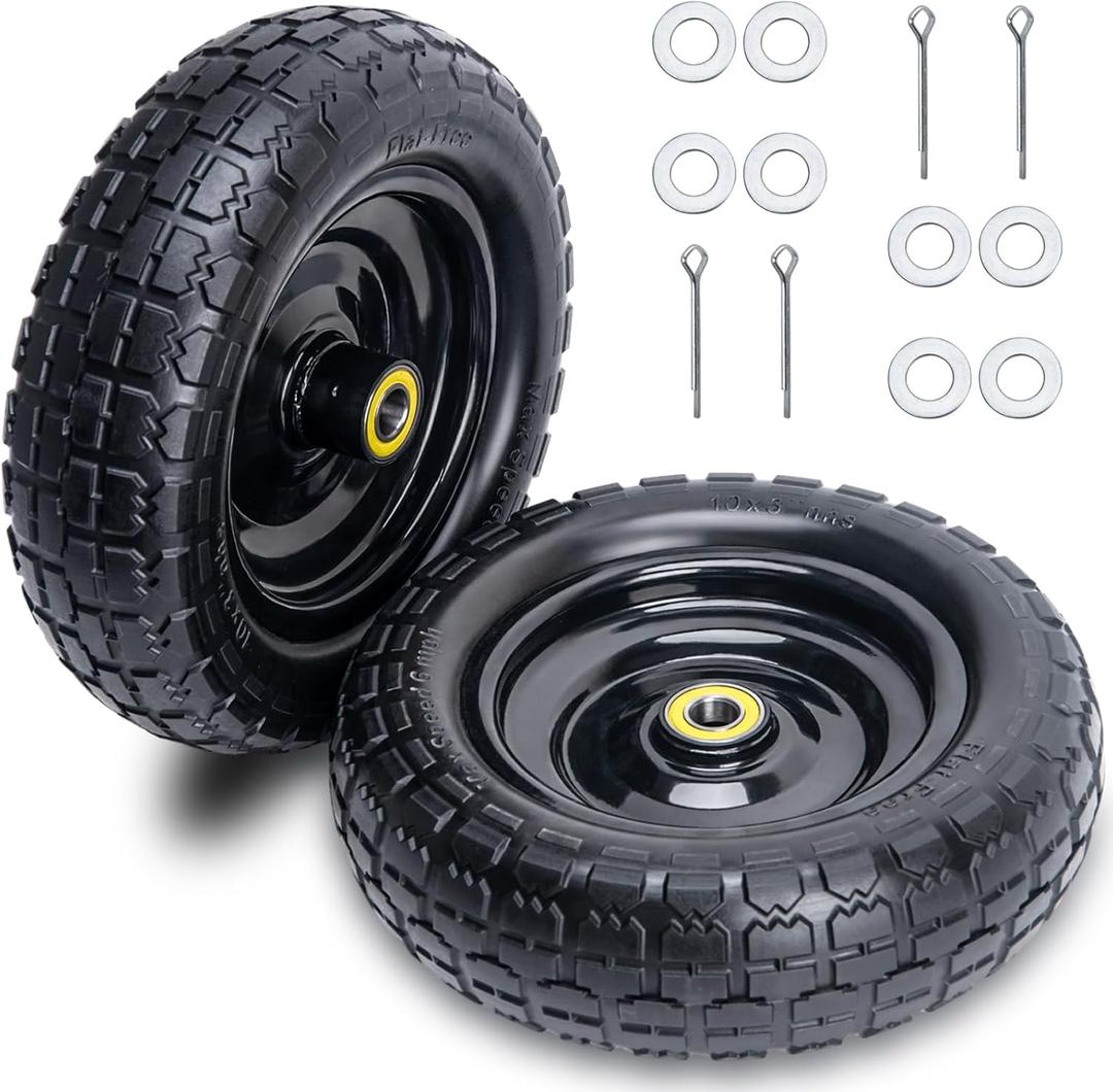 10 Inch Solid Rubber Tires(2-Pack), 4.10/3.50-4 Tire and Wheel Flat Free, with 5/8" Bearings, 2.17"Offset Hub for GOR Garden Cart, Wheelbarrow, Trolleys, Hand Trucks & Yard Trailers