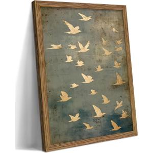 Framed Flock of Birds Canvas Wall Art, Vintage Minimalist Abstract Landscape Painting, Neutral Gold Birds Spiritual Wall Decor, Modern Aesthetic Pictures for Bedroom Living Room 16x24 inch