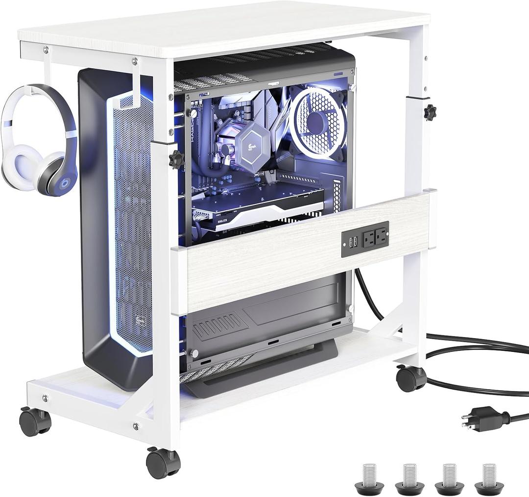 Height Adjustable Computer Tower Stand with Charge Station and USB Charging Port, 2-Tier ATX-Case Cart, Under Desk Mobile PC Stand, CPU Holder Cart with Locking Caster Wheels for Fits Most PC (White)