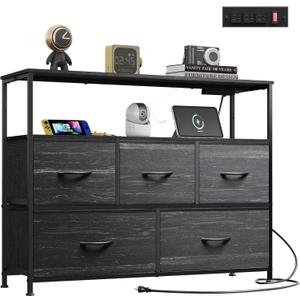 WLIVE Dresser for Bedroom, 5 Drawer Dressers with Charging Station, Fabric Chest of Drawers with Open Shelves, Storage Dresser for Living Room, Closet, Entryway, Charcoal Black Wood Grain Print