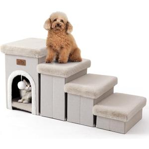 Dog Stairs for Small Dogs with Storage and Condo, 17.5" H Foldable Pet Stairs for Small Medium or Puppy Dogs and Older Cats, Dog Steps for Bed or Couch, 13x35x17.5 inch, 4 Tiers, Beige