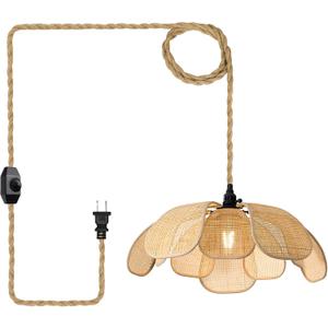 Boho 20 Inch Plug in Chandeliers Rattan Hanging Lights Flower Pendant Light with On/Off Switch 15ft Hemp Rope Cord Handwoven Lampshade Bedroom Flower Hanging Lamp Fixture
