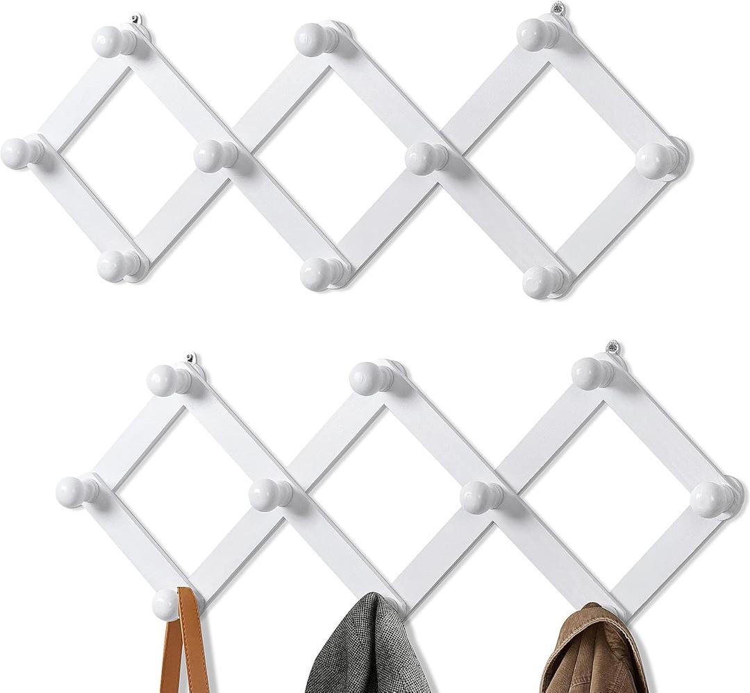 TRSPCWR 2 Pack Accordion Wall Hanger, Expandable Coat Rack Wall Mounted, Wood Hat Hanger for Hanging Coat, Hats, Caps, Mugs, 10 Peg, White