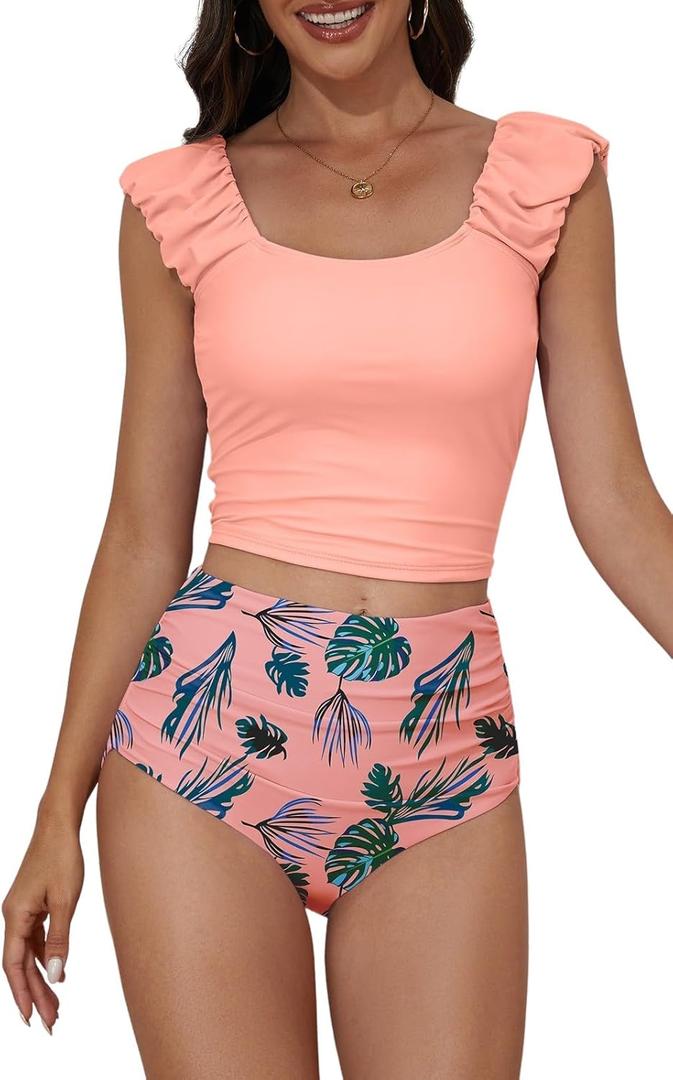 Eomenie Tankini Swimsuits for Women Ruched Tummy Control Bathing Suit Two Piece Swim Tank Top with High Waisted Bottom (Large, Coral)
