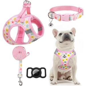 EXPAWLORER Small Dog Harness and Leash Set - Cute Puppy Harness Leash Dog Collar with AirTag Holder Silicone Case, Soft Padded Step in Pet Vest Reflective for Outdoor Walking, Floral M