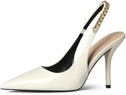 iiimmu Women's Stiletto Heels Closed Pointed Toe 4 in Heels for Women Patent Leather Pumps with Chain Wedding Party Dress Prom Heels Slingback Pumps, 8