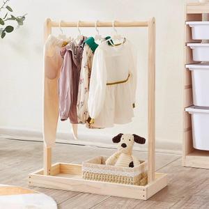 Baby Clothing Rack for Toddler, Pets Clothes Rack with Storage Box & Hanging Rod for Dogs Cats, Wooden Baby Shower Clothes Closet Rack for Nursery Room (Natural wood)