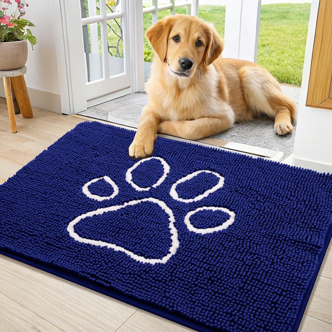 Smiry Dog Door Mat for Muddy Paws, Absorbent Dirt Trapper Non Slip Quick Dry Washable Chenille Mat for Mud Dogs, Entry Rug for Indoor and Outdoor (36x24 Inches, Navy Blue and White)