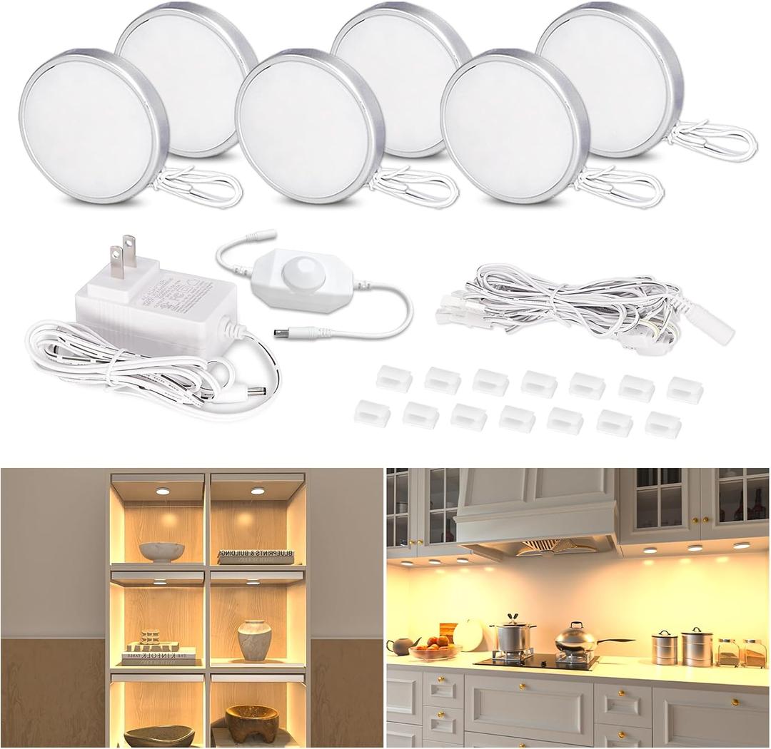 WOBANE LED Puck Lights Plug in, Under Cabinet Lighting with Switch, Dimmable Under Counter Lighting for Shelf, Closet, Cupboard, Bookcase, Display, Super Bright, 2700K Warm White, 6 Pack