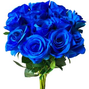 12 PCS Rose Artificial Silk Flowers, Fake Roses with Long Stems Realistic Faux Rose Flower Bouquets for Home Wedding Decoration Party-Sapphire Blue