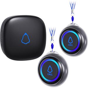 Caregiver Pager, Wireless Call Button for Seniors/Elderly at Home, 2 SOS Buttons + 1 Receiver Medical Life Alert System, Emergency Panic Call Bell, Nurse Calling & Patient Assistance Alarm (Black)