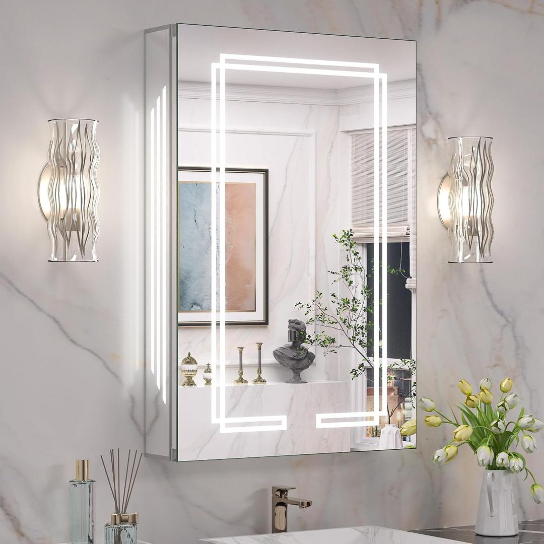 Keonjinn 20 x 32 Inch LED Medicine Cabinet Mirror, Bathroom Medicine Cabinet with Lights, Tempered Glass, UL-Listed, Adjustable Shelves, No Outlets, 3 Color Lights, Dimmable, Wall Mount Only