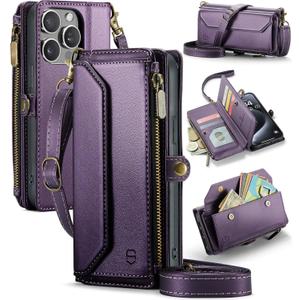 Wallet Case Compatible with iPhone 15 Pro RFID Blocking 7-Card Holder Soft PU Leather Magnetic Snap Shoulder Strap Zipper Pocket Phone Case Fit for iPhone 15 Pro Women 6.1" - Purple