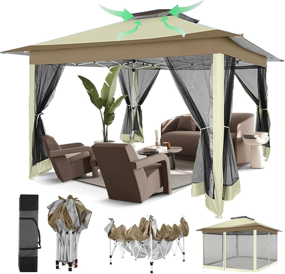 COBIZI 12x12 Pop Up Gazebos On Clearance - Upgrade Easy Up Metal Outdoor Gazebo Waterproof - Portable Gazebo with Mosquito Nettings, 4 Ropes 8 Stakes and Carry Bag for Patio Garden(Khaki)