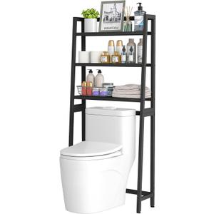 VASMIA Over The Toilet Storage,Bamboo 3-Tier Bathroom Organizer Over Toilet Storage Cabinet,Freestanding Space Saver with 3 Hooks Black