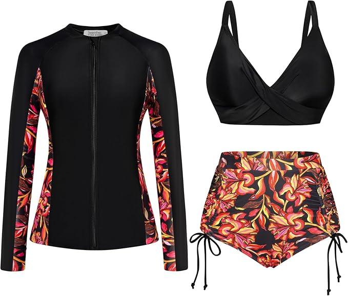 JASAMBAC Women 3 Piece Rash Guard Long Sleeve Zip Up Swimsuits with Boyshort UV UPF 50+ Swim Shirt Built in Bra (Medium, Black-orange Flower)