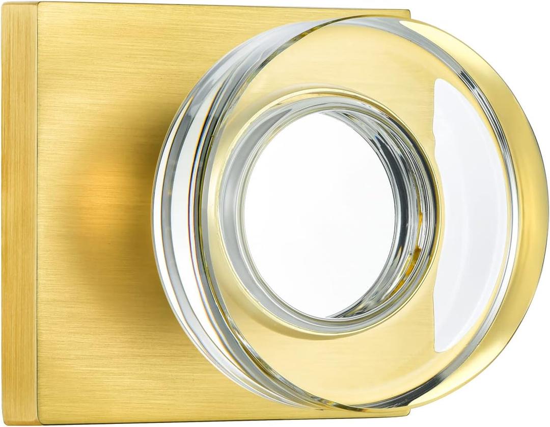 coolnews Passage Function Clear Crystal Glass Door Knobs Interior, Modern Gold Door Knob with Square Plate, Satin Brass Finish