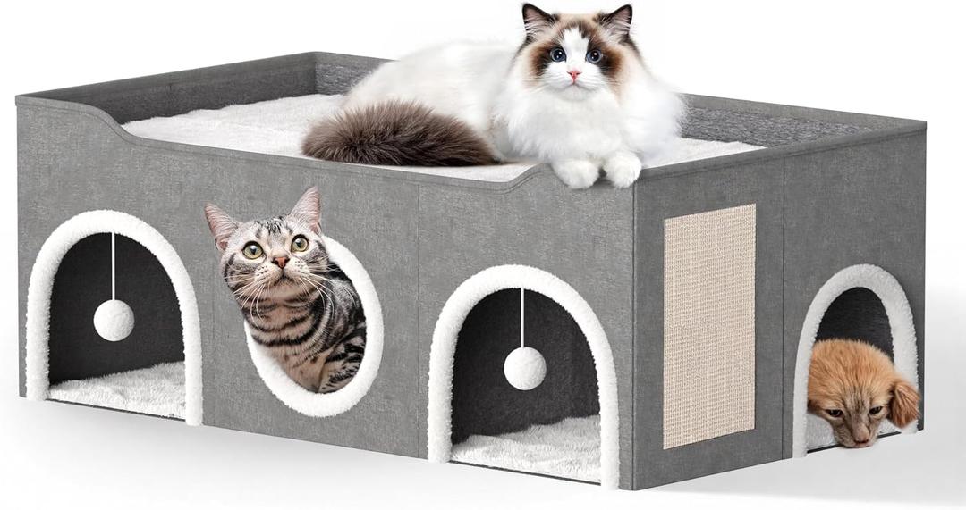 All-in-1 Extra-Wide Cat House for Indoor, Multi Cats Puppy Family, Large Cat Cave for Pet House with Fluffy Ball Hanging and Scratch Pad, Foldable Dog Hideaway, 35.4x19.6x13.3 inches, Grey All-in-1 Extra-Wide Cat House for Indoor, Multi Cats Puppy Family, Large Cat Cave for Pet House with Fluffy Ball Hanging and Scratch Pad, Foldable Dog Hideaway, 35.4x19.6x13.3 inches, Grey