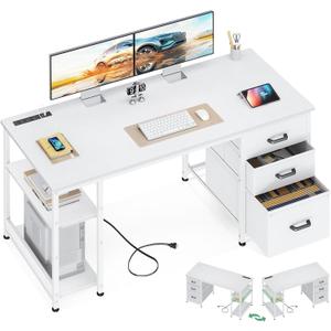 AODK 51 Inch Computer Desk with File Drawers & USB Power Outlets - Reversible Home Office Desk with Storage Shelves, Work from Home, Modern Work/Writing/Study Table for Bedroom, White