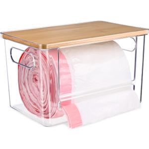 Trash Bag Dispenser, Trash Bag Holder Dispenser with Bamboo Top, Extra Large Garbage Bags Holder Organizer Under Sink for Kitchen, Pantry, Laundry Room (1PCS Wood)