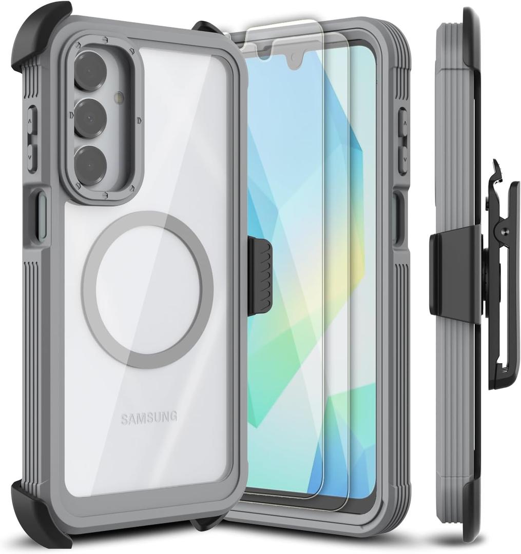 for Samsung Galaxy A16 5G Case, [Transparent & Holster Series] Belt Clip Full Body Shockproof Protective Cell Phone Cover with 2 Pack Tempered Glass Screen Protector (Gray/Clear)