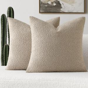 FUTEI Pack of 2 Oatmeal Decorative Throw Pillow Covers 18x18 Inch Soft Cozy Solid Boucle Textured Cushion Case,Modern Home Decor for Couch Bed Living Room